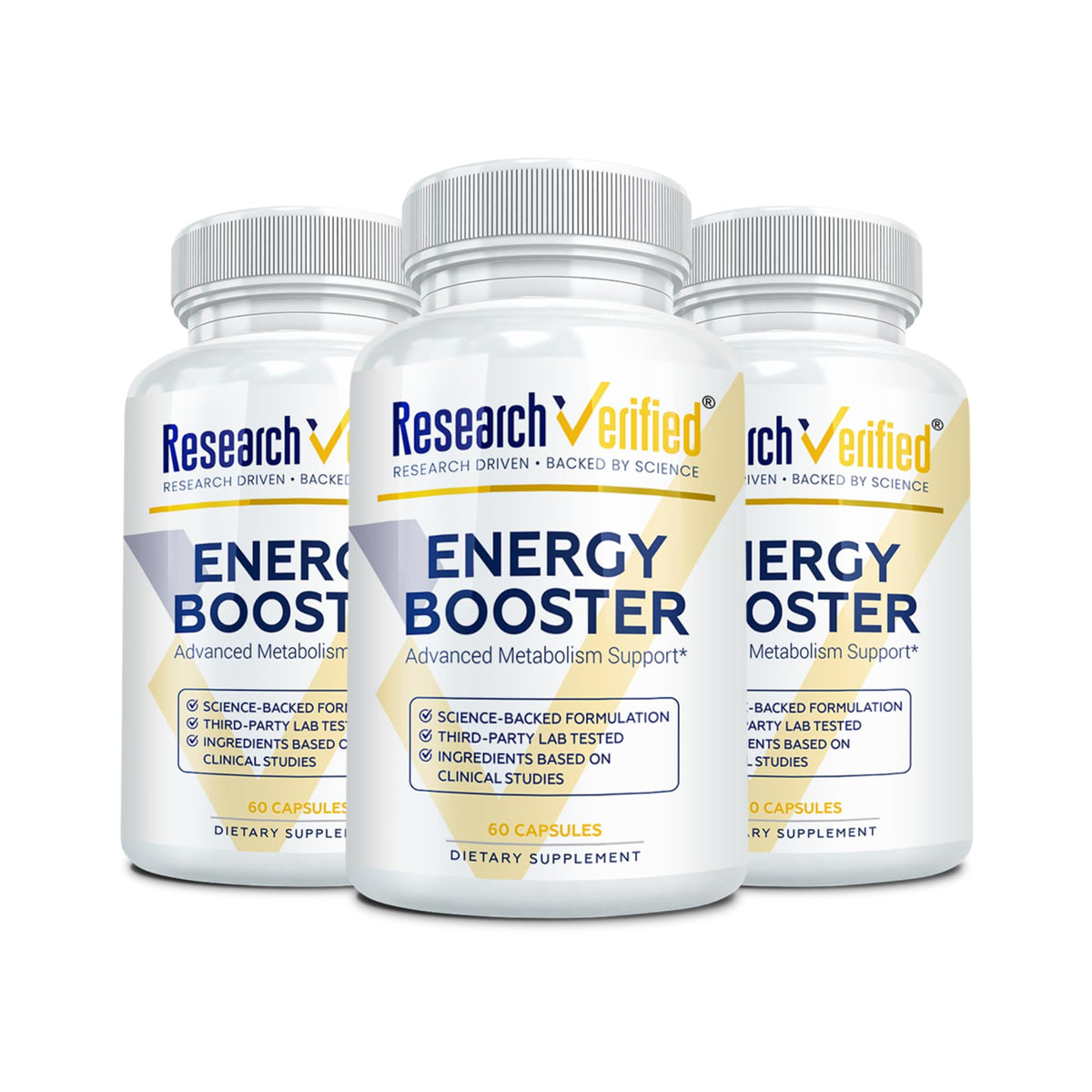 Research Verified Energy Booster bottle front highlights full B vitamin complex for daily energy.