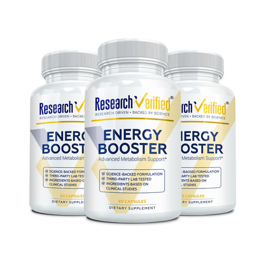Research Verified Energy Booster bottle front highlights full B vitamin complex for daily energy.