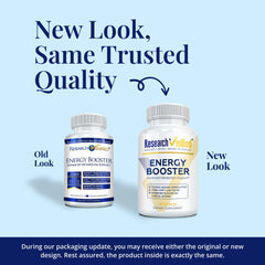 Research Verified Energy Booster bottle side highlights caffeine-free formula for steady energy.