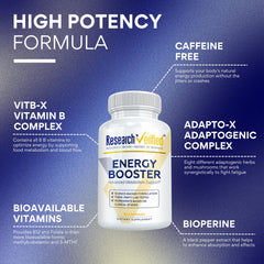 Research Verified Energy Booster capsules close-up emphasizes methylated B12 and Folate.