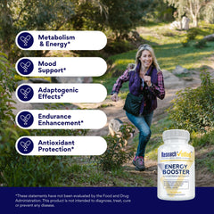Research Verified Energy Booster label detail notes BioPerine and vegan ingredients.