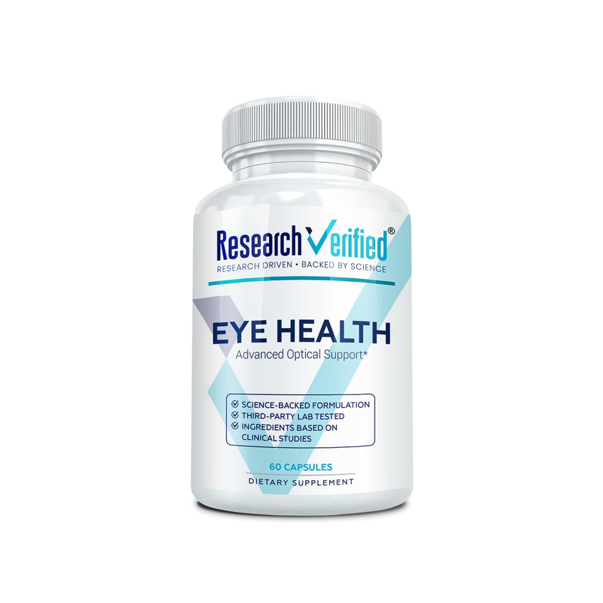 Research Verified Eye Health bottle label showing branding and dosage for daily eye support