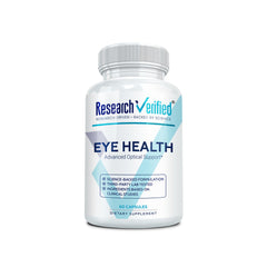 Research Verified Eye Health bottle label showing branding and dosage for daily eye support
