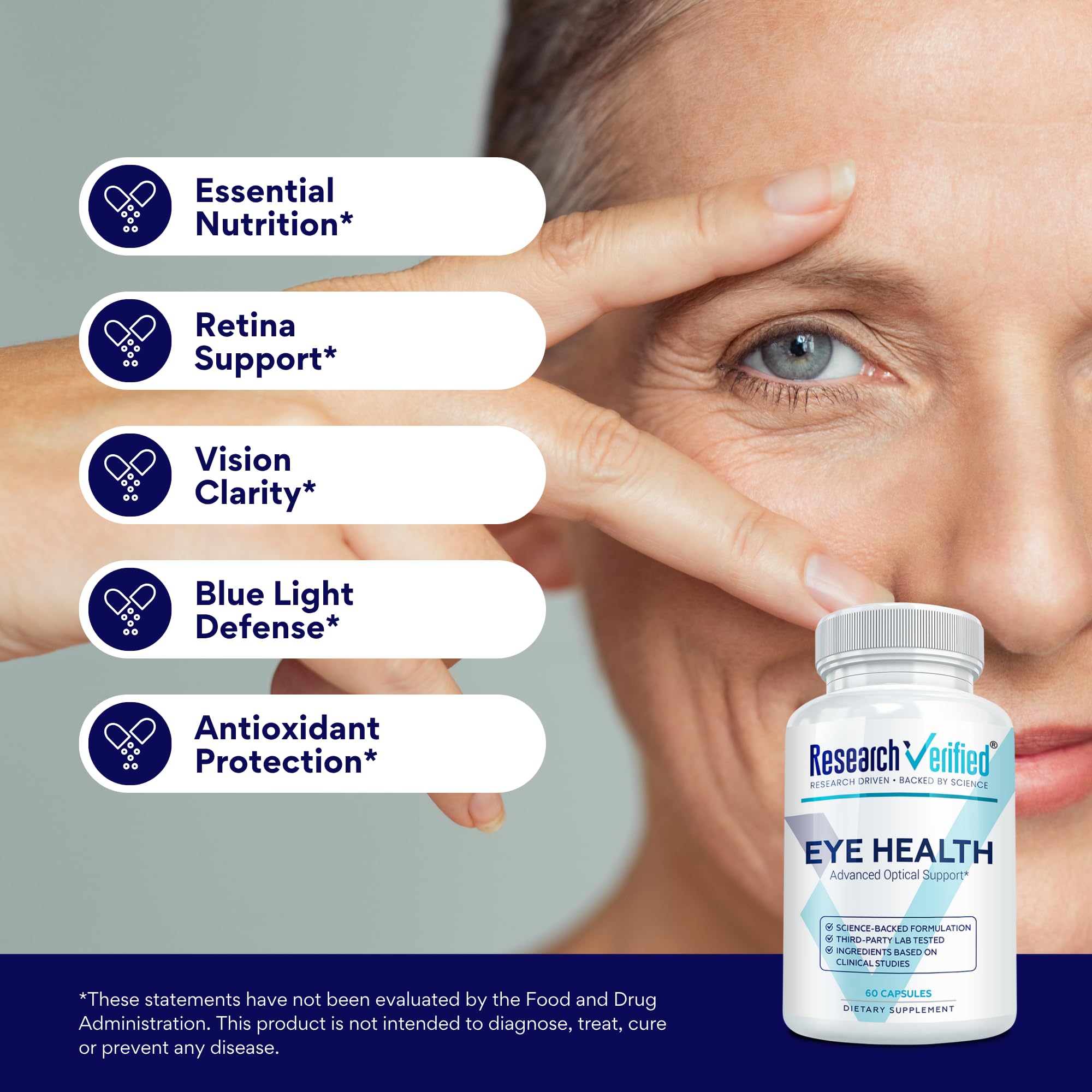 Daily-use scene with Research Verified Eye Health bottle on a desk