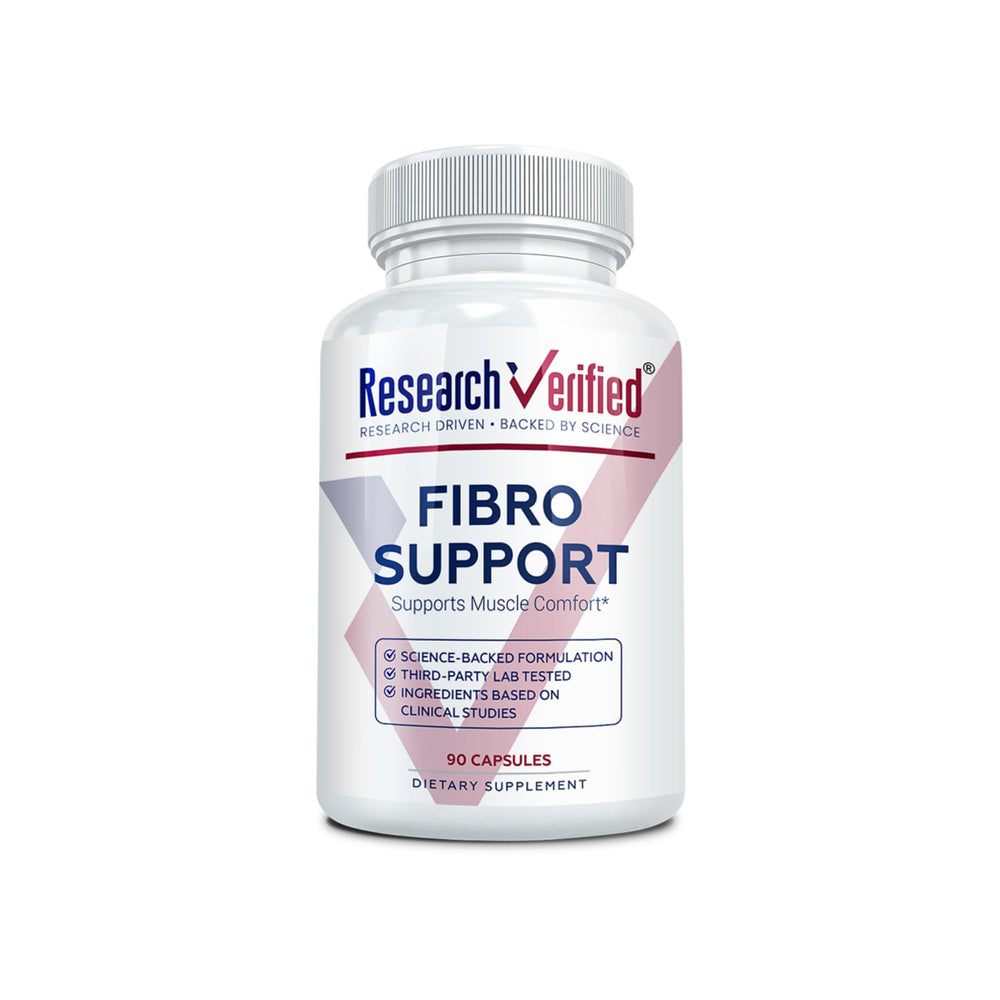 Research Verified Fibro Support bottle front showing vegan capsules for daily wellness