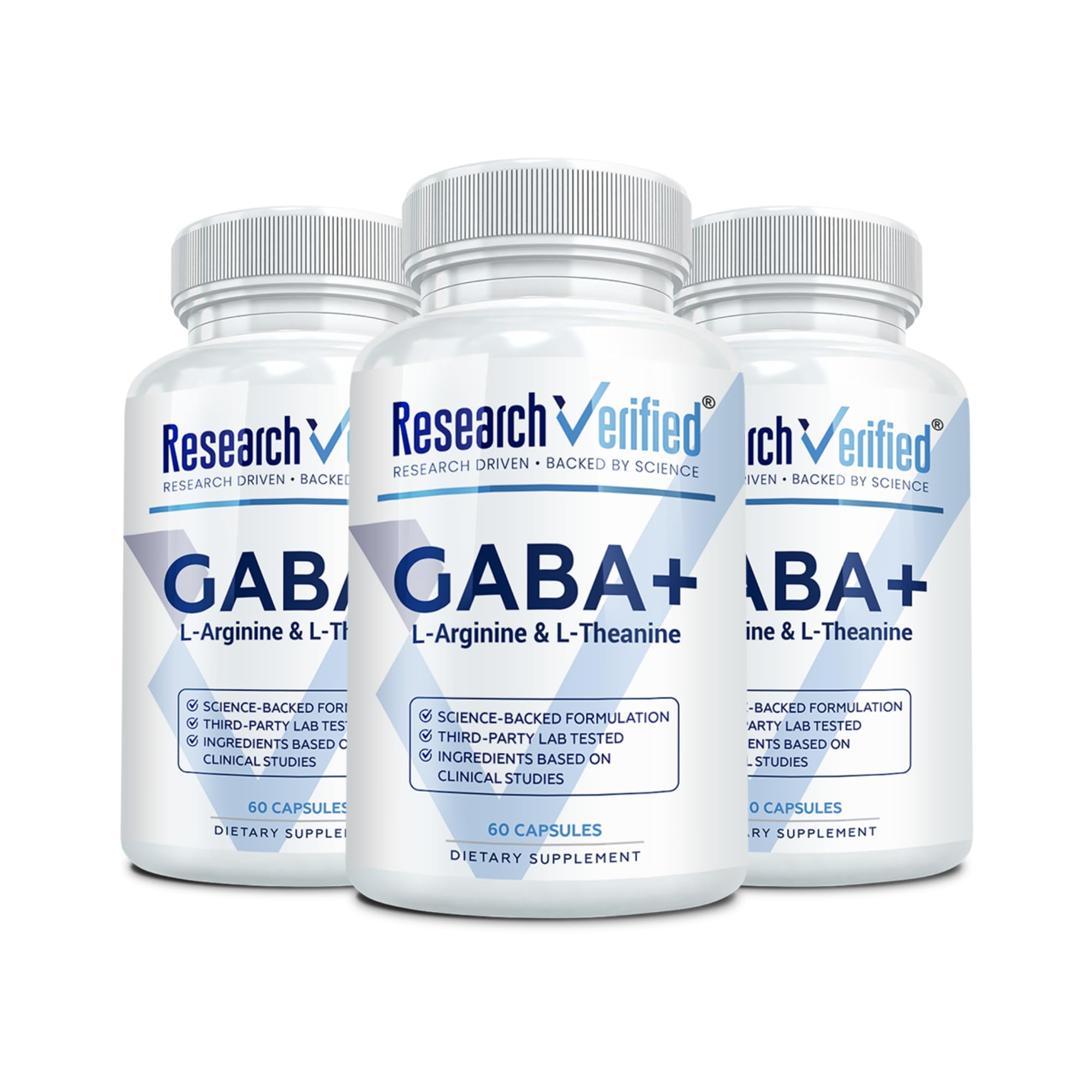 Research Verified GABA+ bottle on table promoting calm focus and evening relaxation.