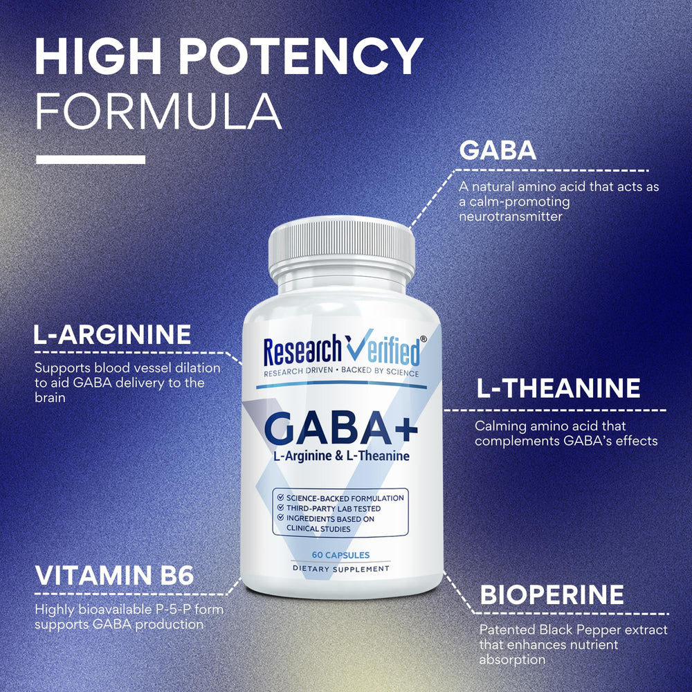 Close-up of Research Verified GABA+ label highlighting vegan formula
