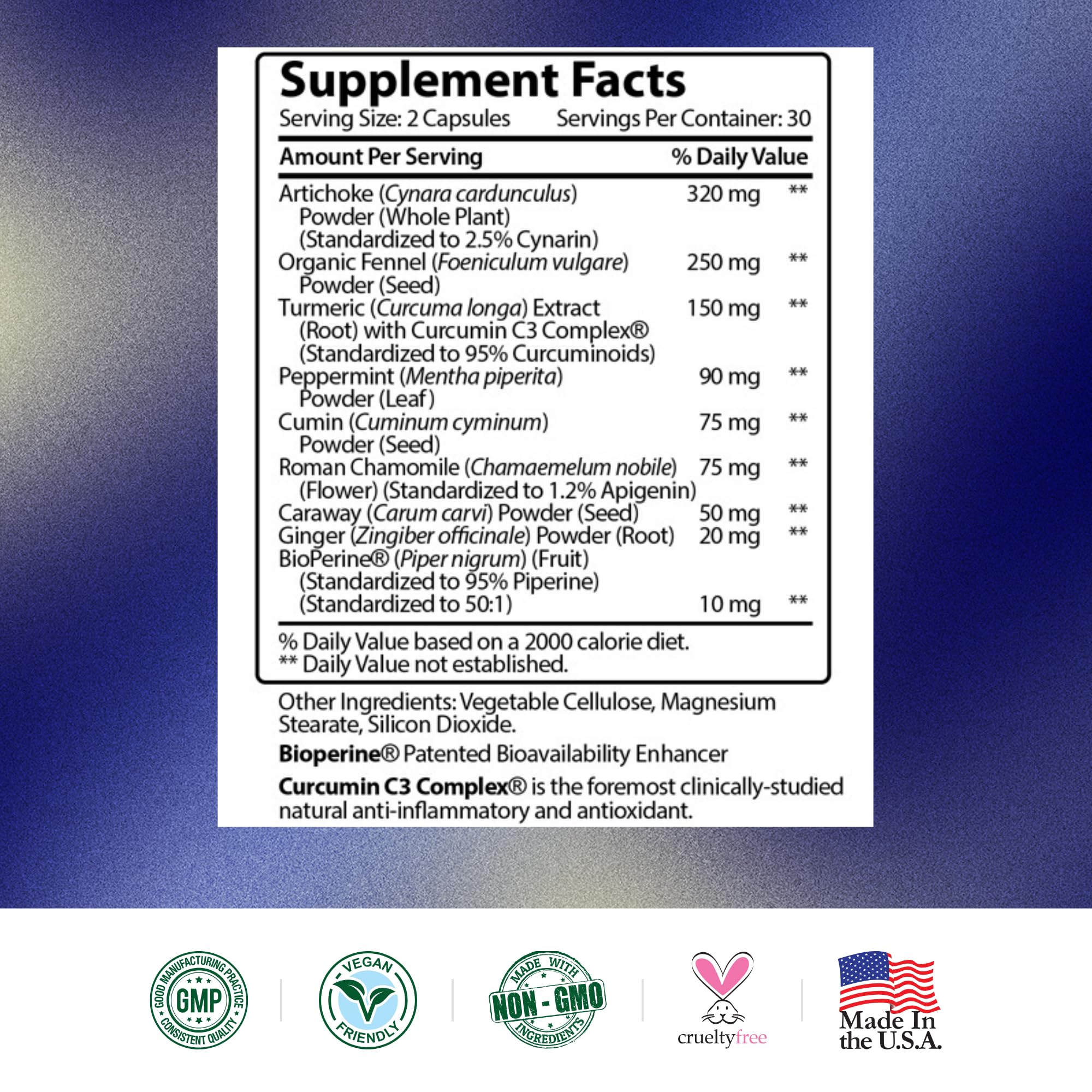Research Verified Gas and Bloating bottle highlights USA-made purity and vegan formula.