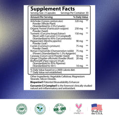 Research Verified Gas and Bloating bottle highlights USA-made purity and vegan formula.