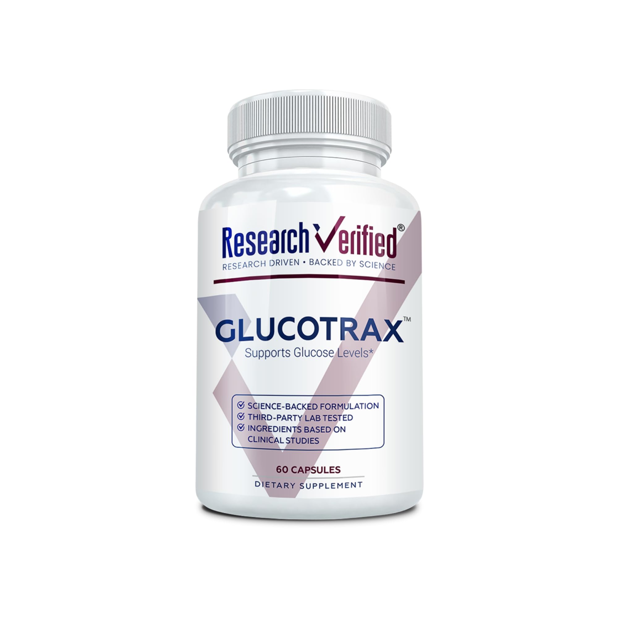 Research Verified Glucotrax bottle front showing balance support potential.