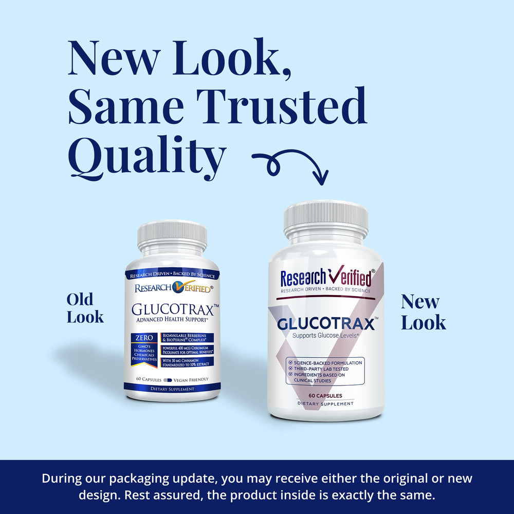 Research Verified Glucotrax bottle side label highlights vegan and non-GMO features.