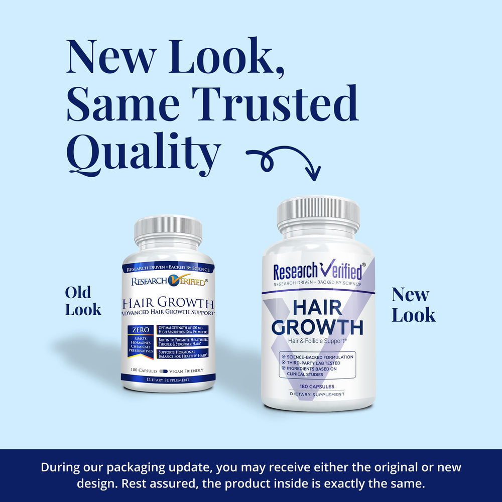 Research Verified Hair Growth Support capsules close-up highlighting biotin and saw palmetto