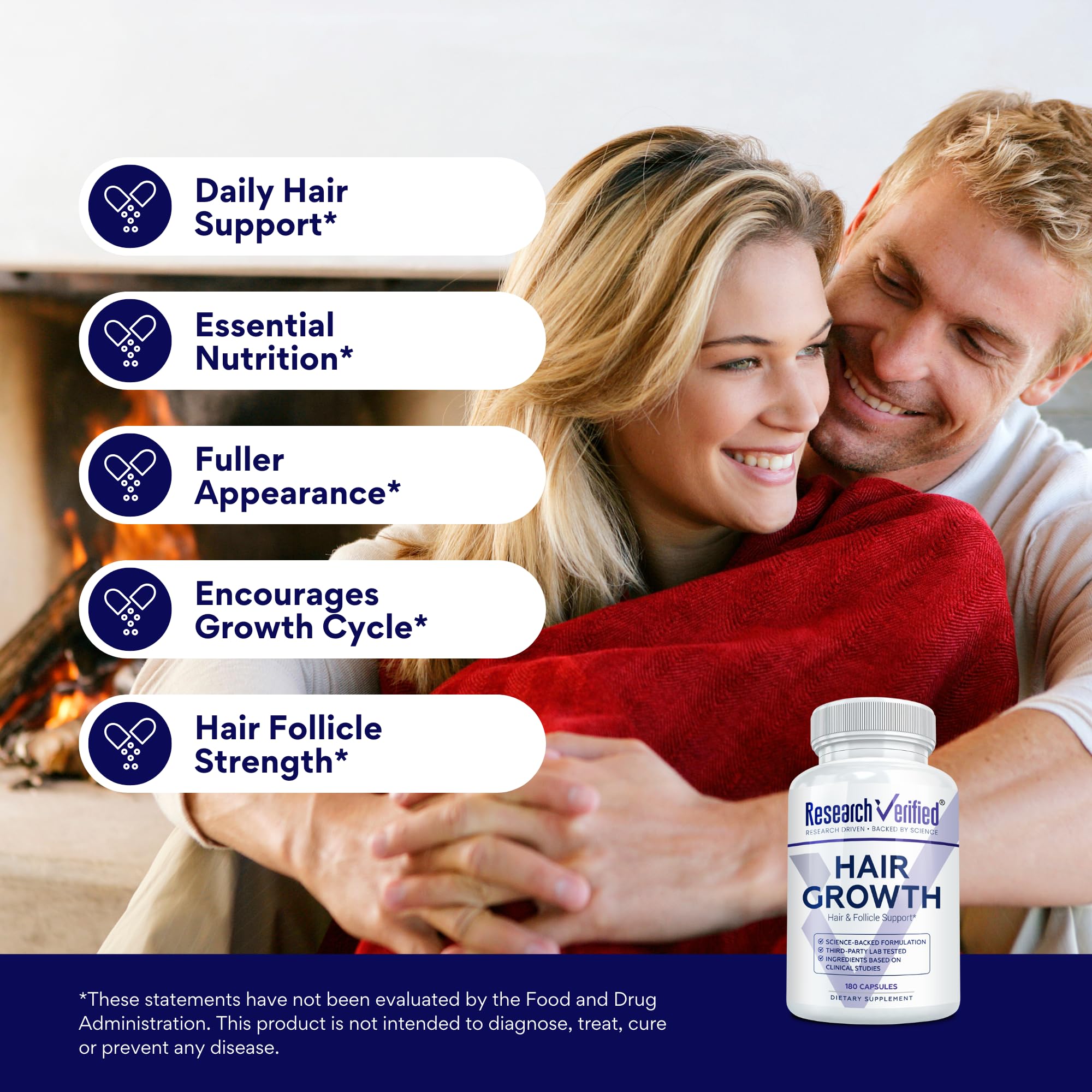 Packaging on Research Verified Hair Growth Support emphasizes clean formula with no fillers