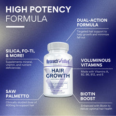 Label on Research Verified Hair Growth Support shows ingredients for hair health