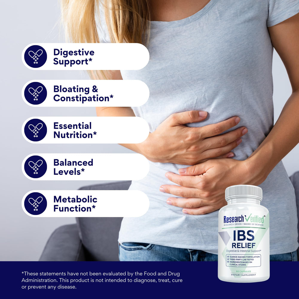 Research Verified IBS Relief BioPerine image highlights 95% piperine to support absorption.