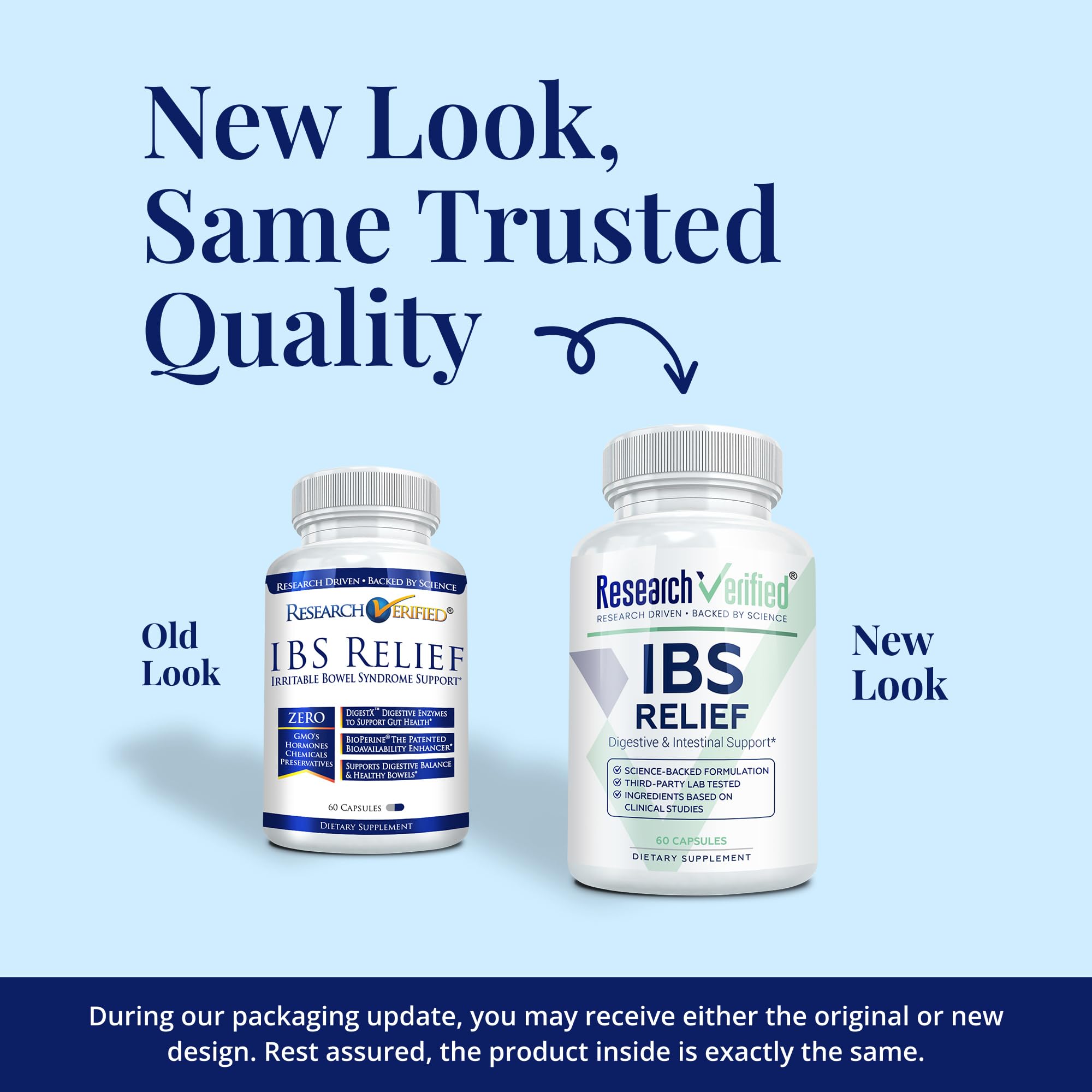 Research Verified IBS Relief herbal blend image shows peppermint, fennel, and ginger for soothing notes.
