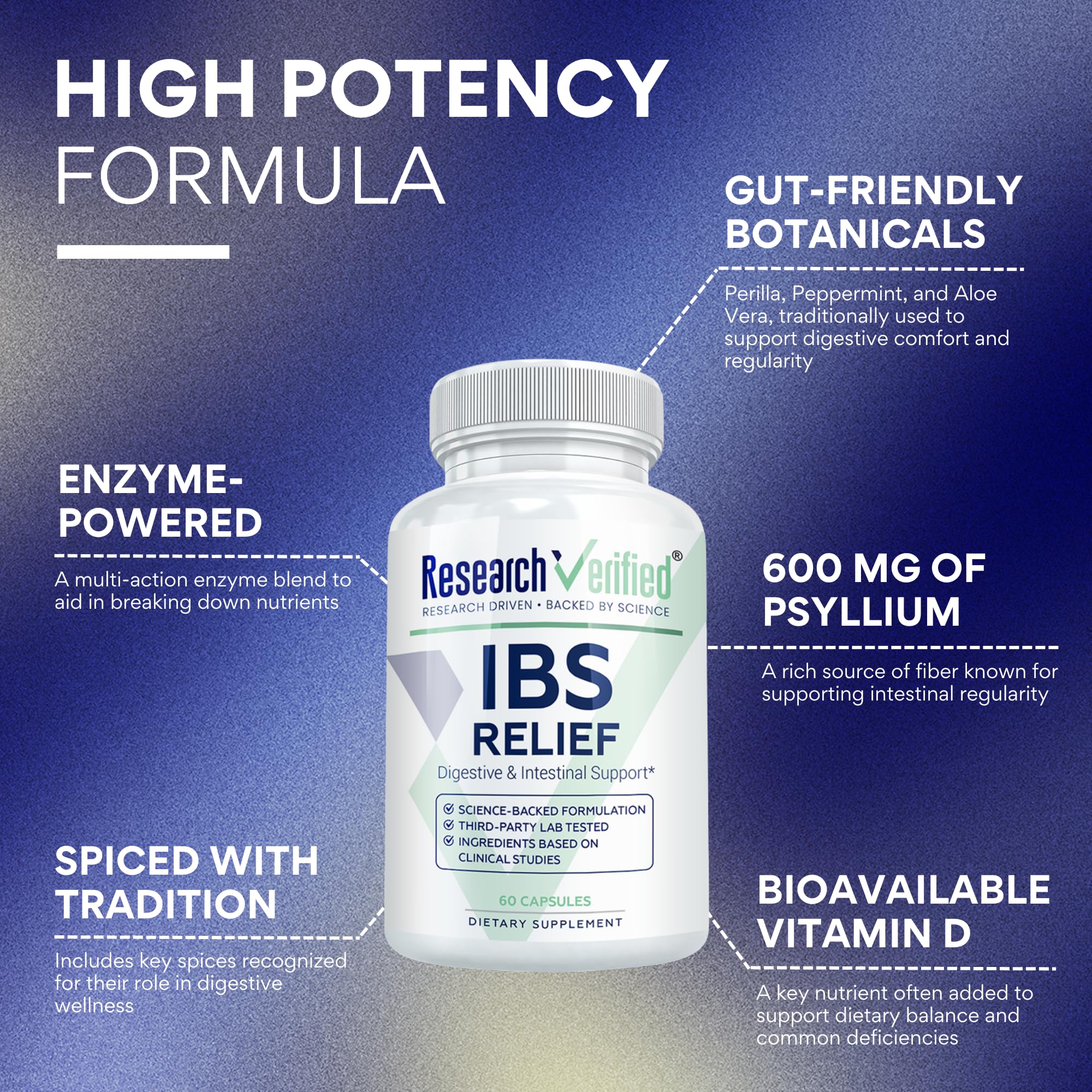 Research Verified IBS Relief turmeric extract image features 95% curcuminoids for daily wellness.