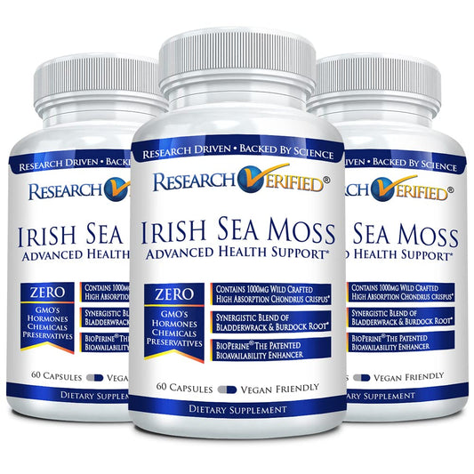 Research Verified Irish Sea Moss bottle front for immune support and daily vitality