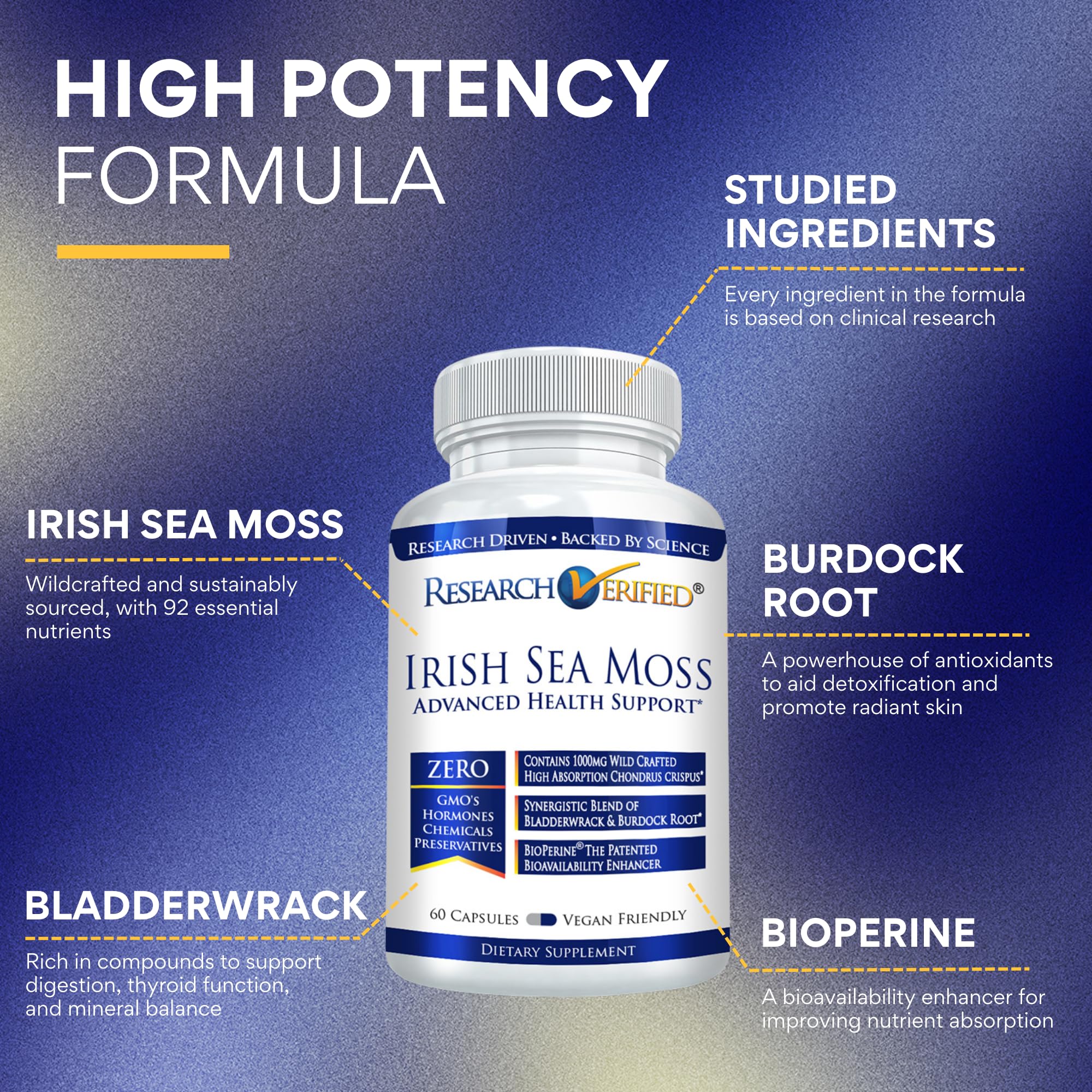 Research Verified Irish Sea Moss bottle label highlights vegan, USA-made quality