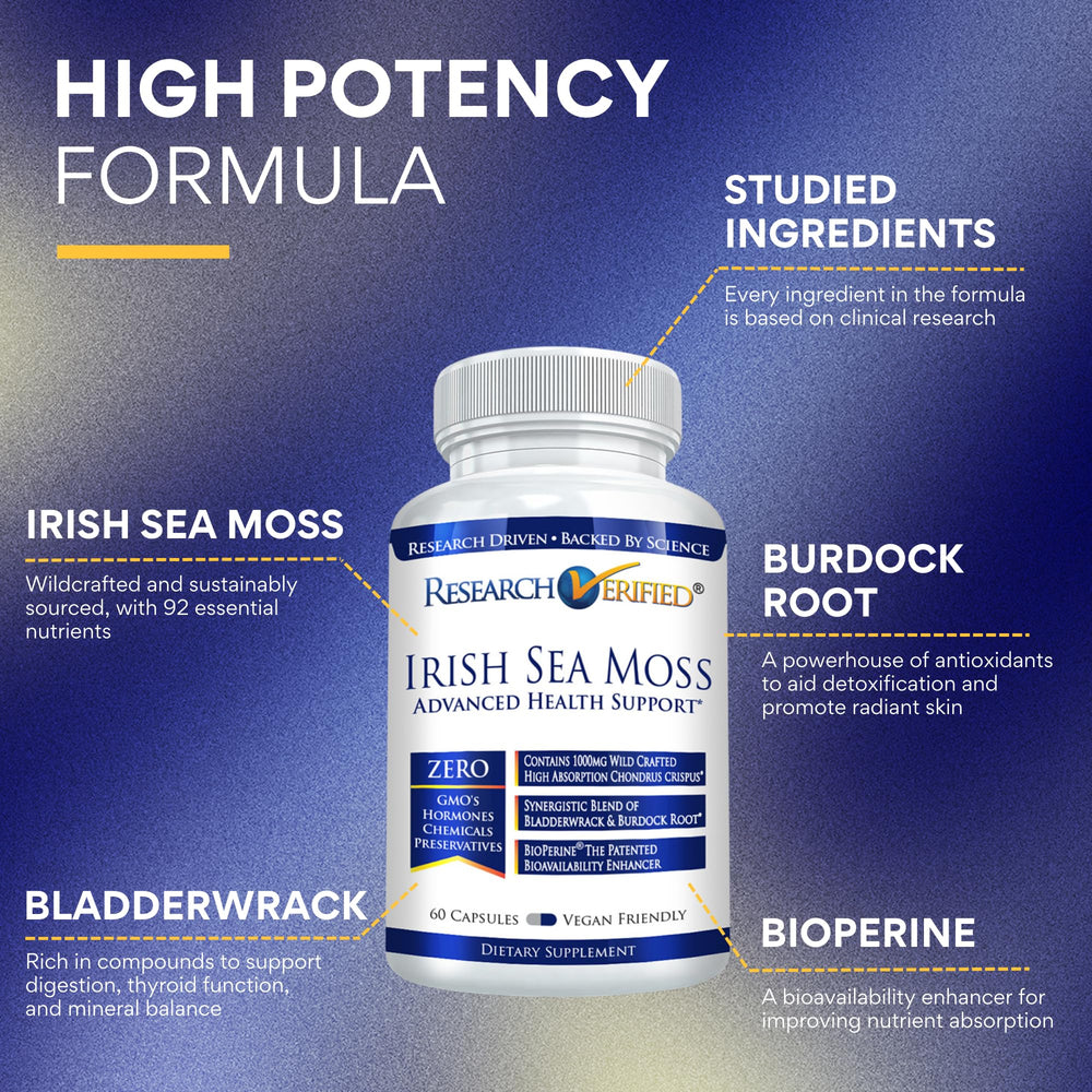 Research Verified Irish Sea Moss bottle label highlights vegan, USA-made quality