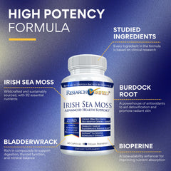 Research Verified Irish Sea Moss bottle label highlights vegan, USA-made quality