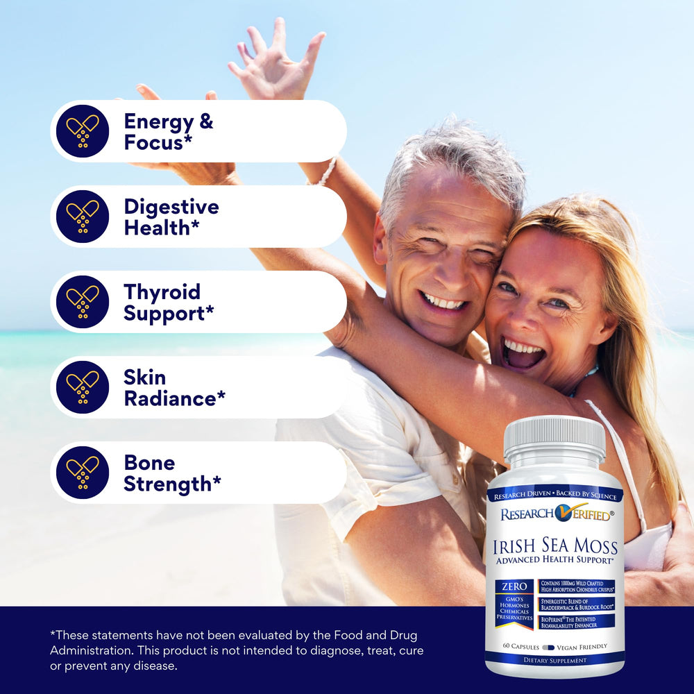 Research Verified Irish Sea Moss capsules closeup in a 180-count bottle