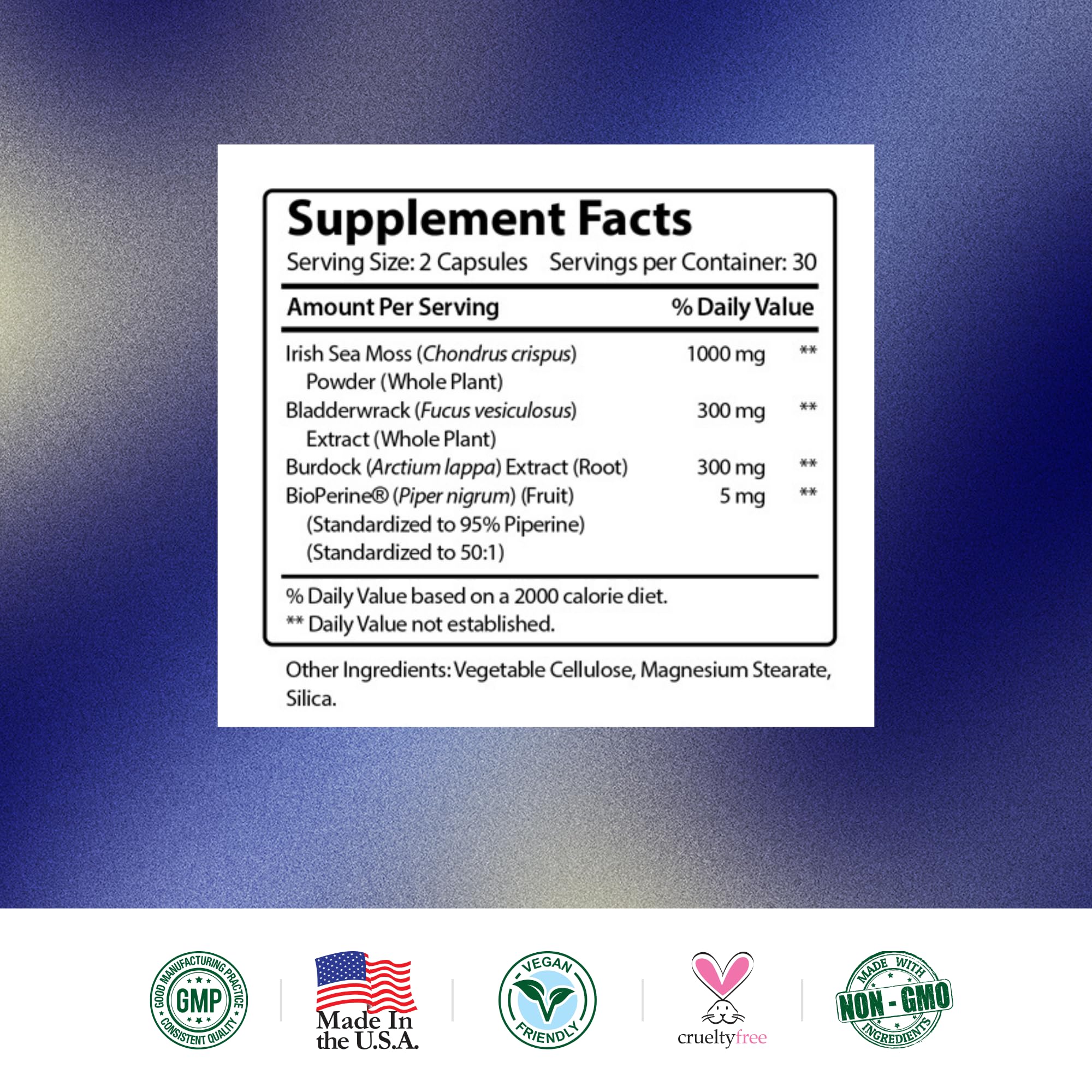 Research Verified vegan-certified sea moss capsules showcasing pure toxin-free formula