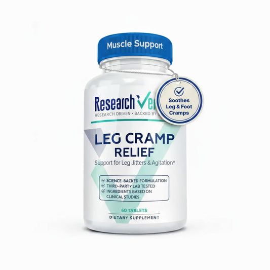 Research Verified Leg Cramps capsules in a bottle, designed for convenient daily support.