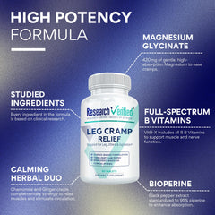 Research Verified Leg Cramps ginger and chamomile blend on label for calming notes