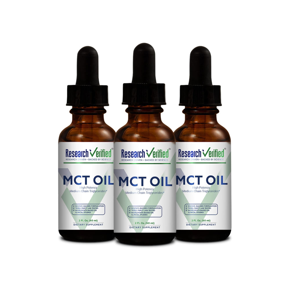 Research Verified MCT Oil bottle being poured for energy support