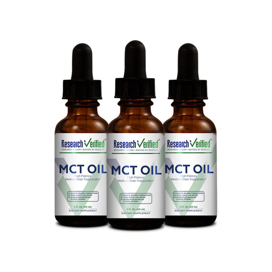 Research Verified MCT Oil bottle being poured for energy support