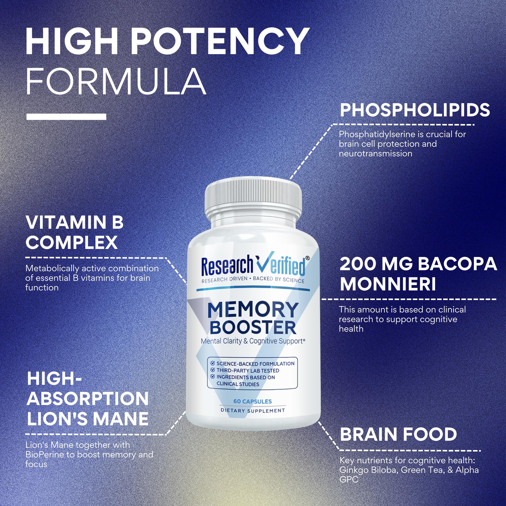 Close-up of Research Verified Memory Booster label highlighting vegan and non-GMO.