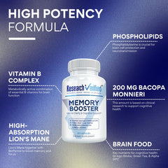 Research Verified Memory Booster label front indicating vegan, non-GMO formulation