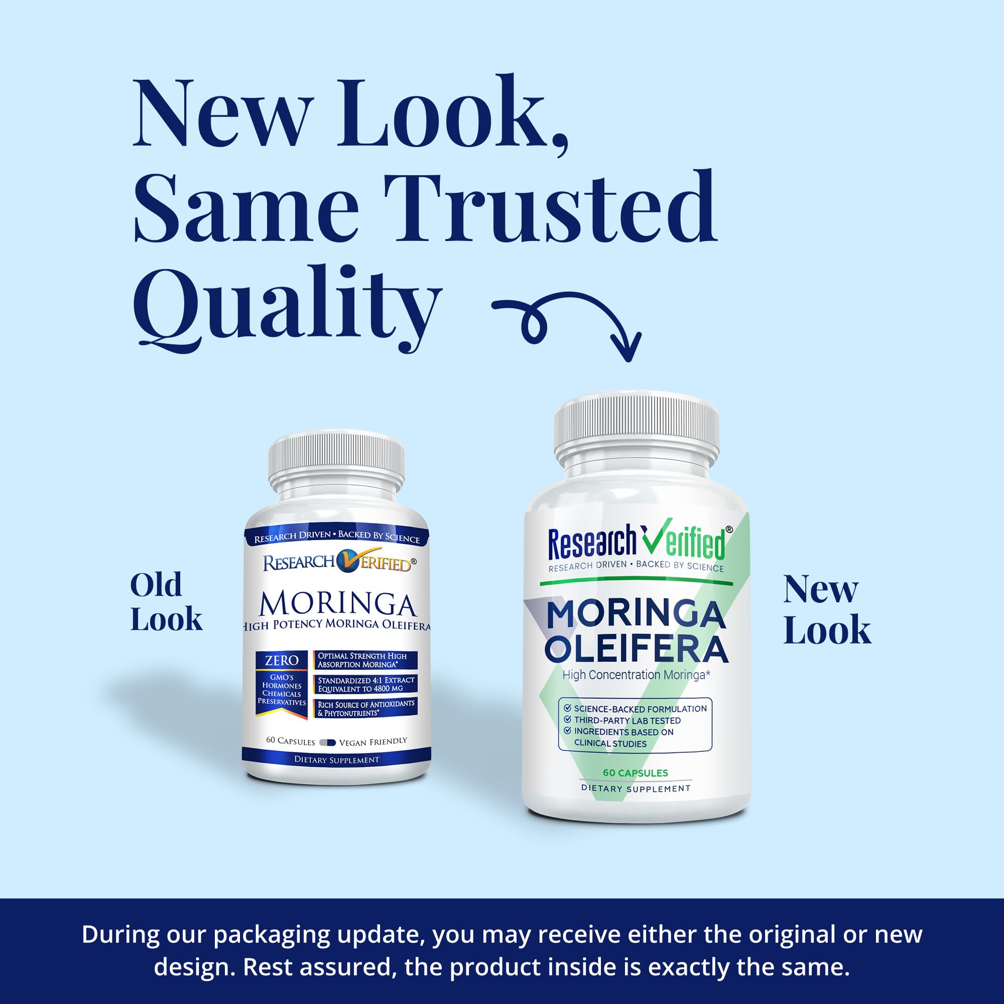 Research Verified Moringa Oleifera bottle back label highlights purity and USA-made quality