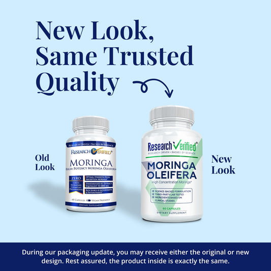 Research Verified Moringa Oleifera bottle back label highlights purity and USA-made quality