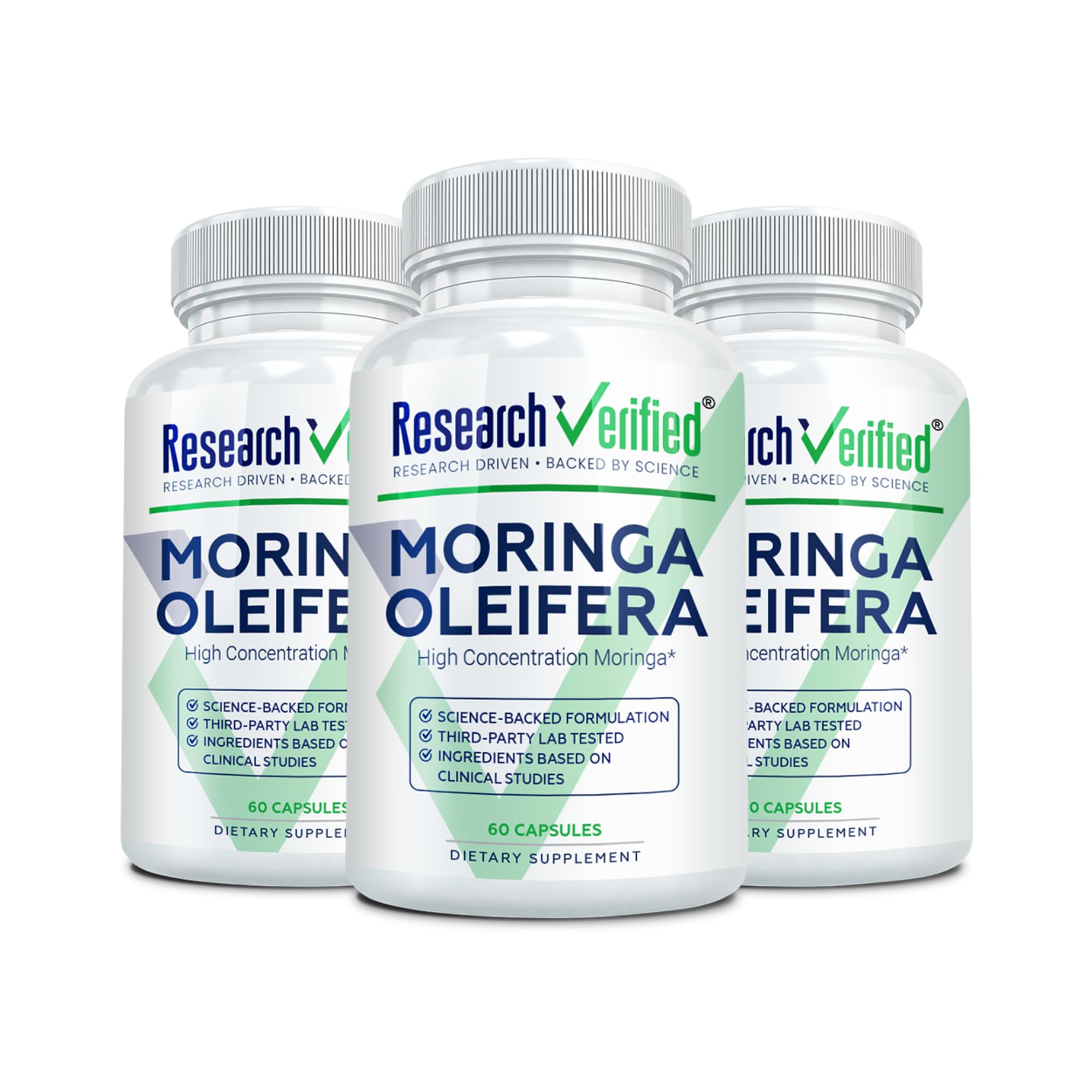 Research Verified Moringa Oleifera bottle front highlights 1200 mg per serving for daily vitality