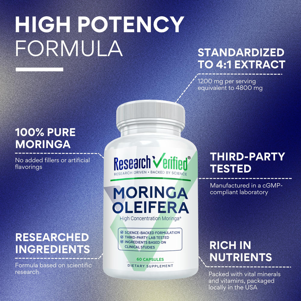 Research Verified Moringa Oleifera capsules close-up shows pure extract