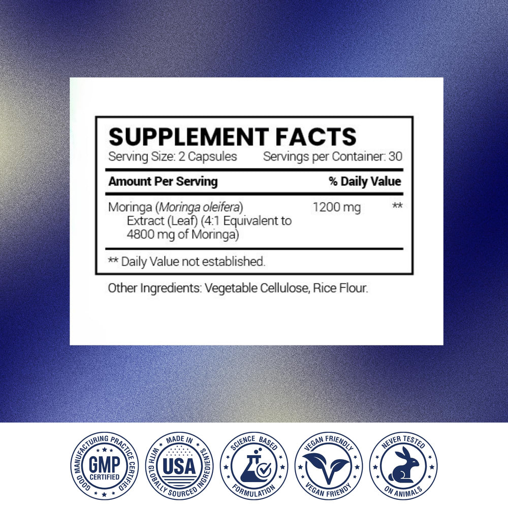 Research Verified Moringa Oleifera capsules beside measuring cup for routine