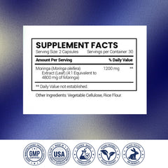 Research Verified Moringa Oleifera capsules beside measuring cup for routine
