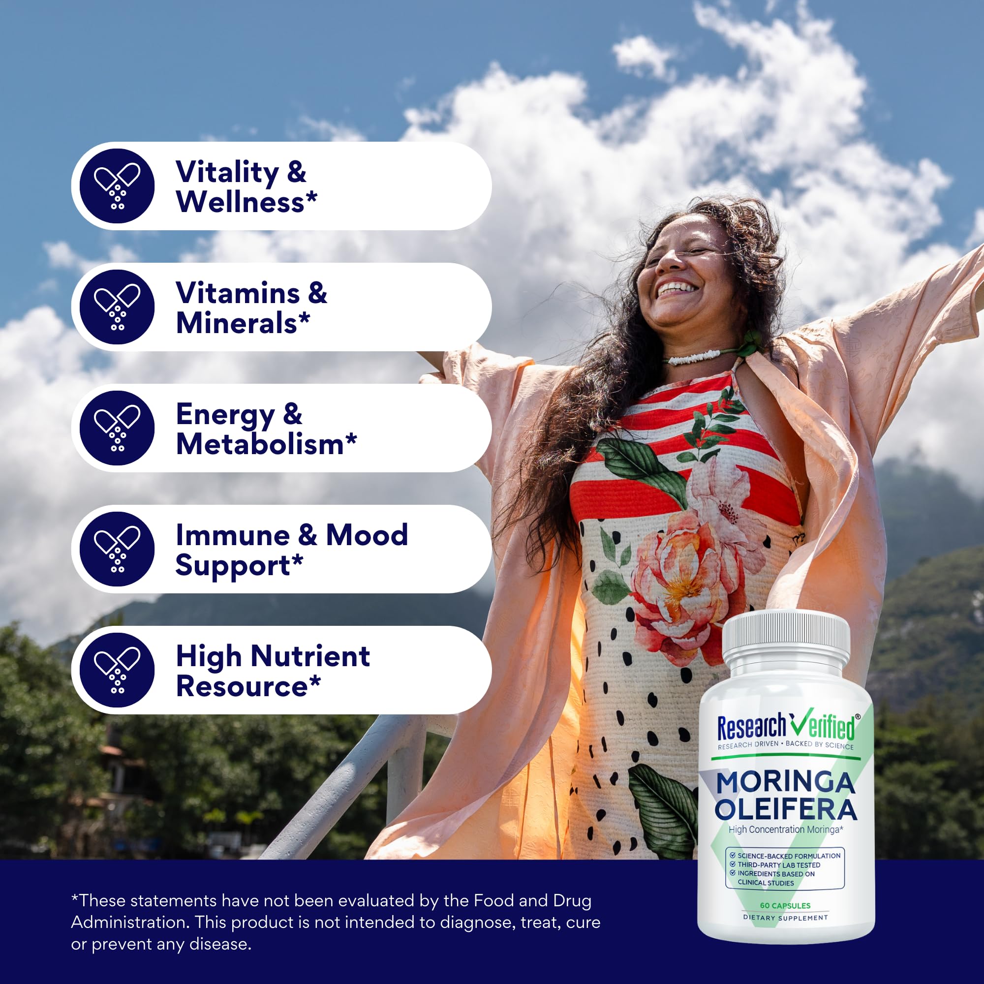 Research Verified Moringa Oleifera serving scoop demonstrates convenient daily dose