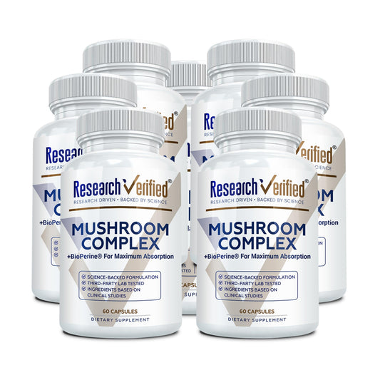 Research Verified Mushroom Complex bottle front view for immune support and daily wellness.
