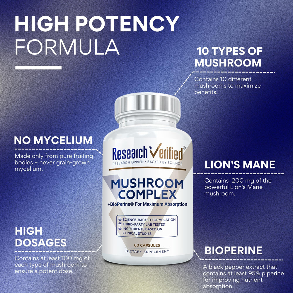 Research Verified Mushroom Complex label close-up with ten mushroom blend for immune health.