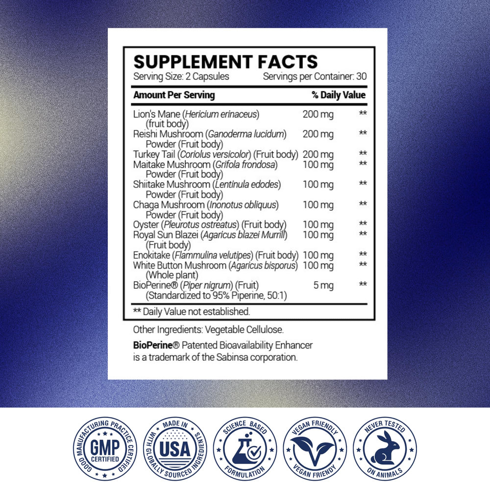 Research Verified Mushroom Complex USA-made label on bottle.