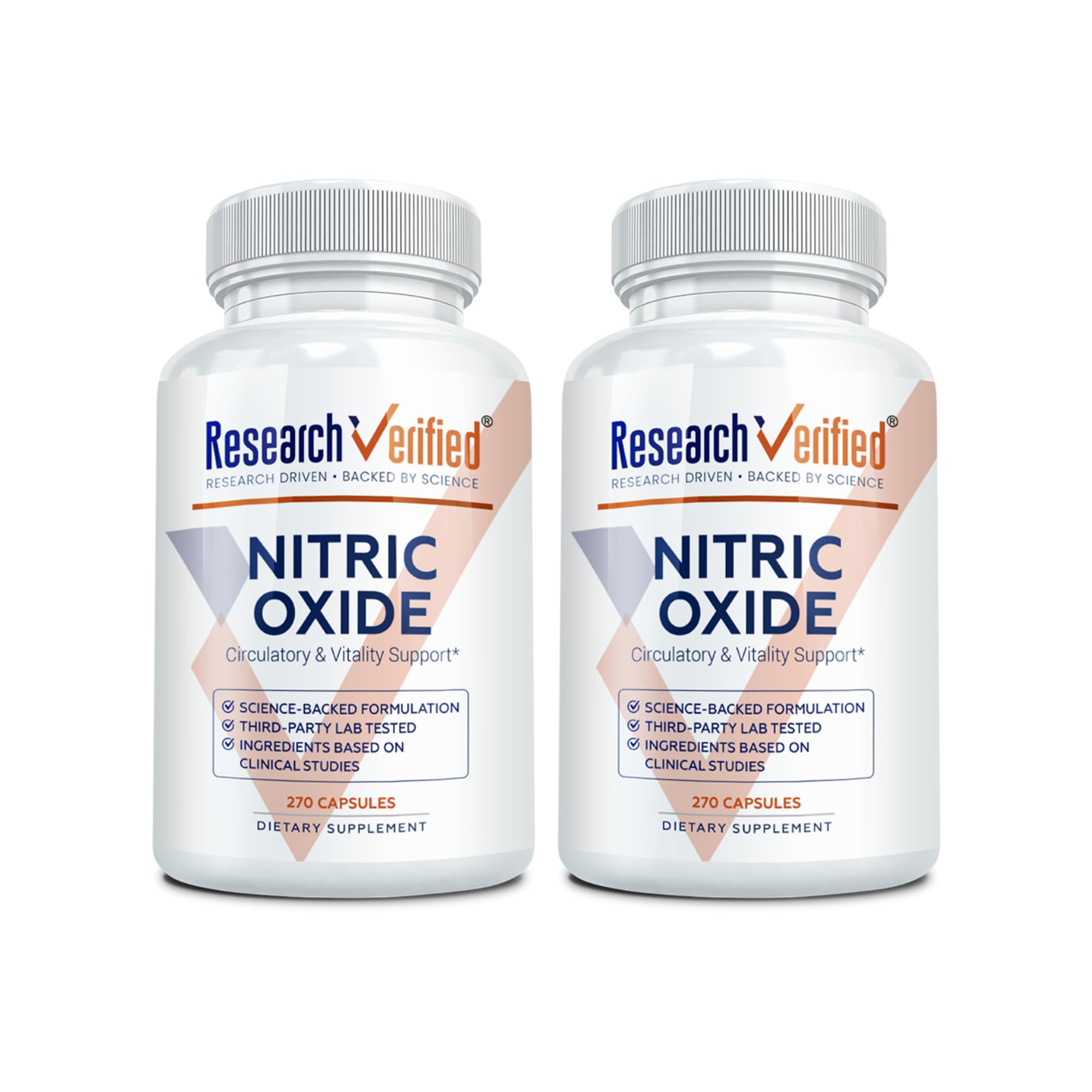 Research Verified Nitric Oxide bottle front with capsules for potential workout support.