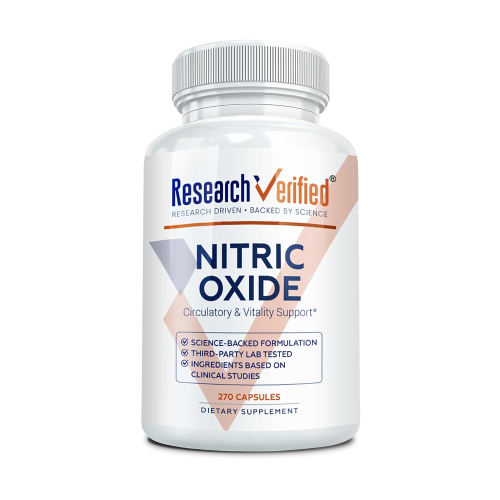Research Verified Nitric Oxide bottle showing L-Arginine blend for active workouts.