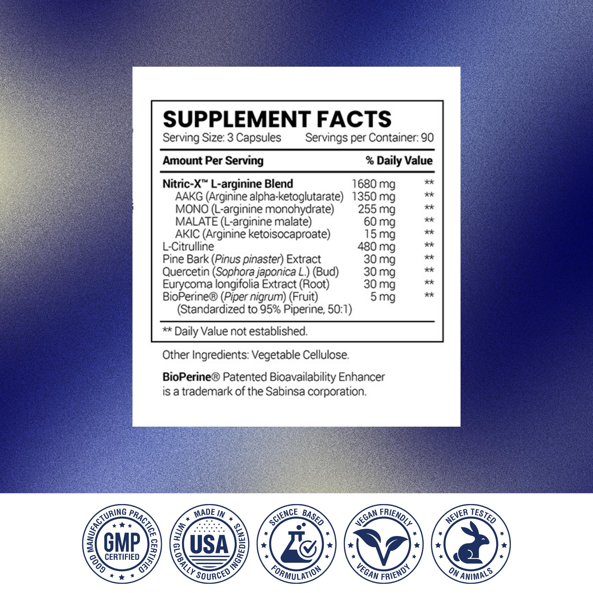 Research Verified Nitric Oxide capsules close-up demonstrates convenient daily supplement form.