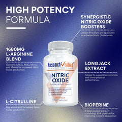 Research Verified Nitric Oxide capsules close-up emphasizing L-Arginine and L-Citrulline.