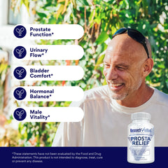 Research Verified Prosta Relief bottle back nutrition label details ingredients and directions.
