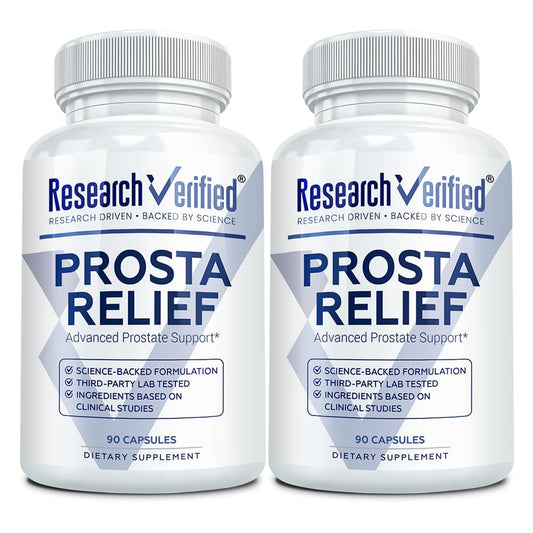 Research Verified Prosta Relief bottle cap closeup highlighting saw palmetto for urinary support.