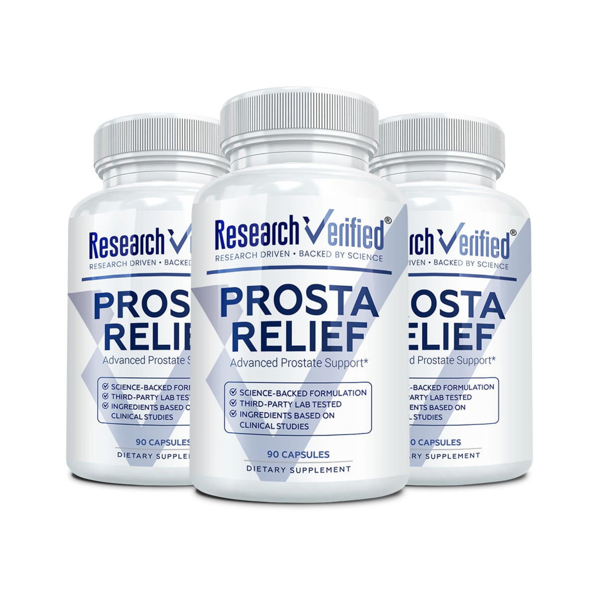 Research Verified Prosta Relief bottle label with saw palmetto for prostate support.